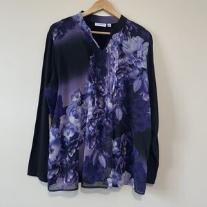 Susan Graver  Pintuck Sheer Popover Blouse XL Black Purple Floral Flowy Office
